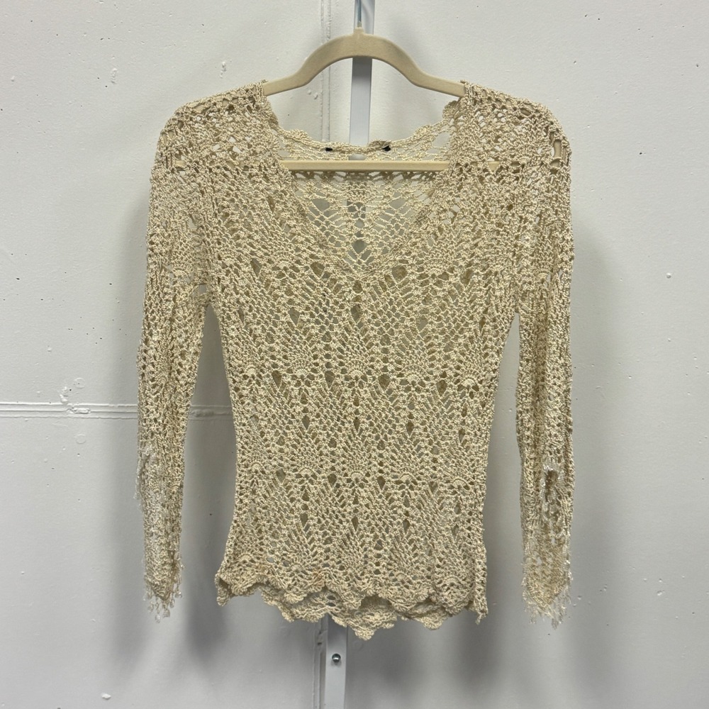 Vintage Cream Crochet Knit Long Sleeve V-Neck Top Beaded Fringe Cuffs Whimsical